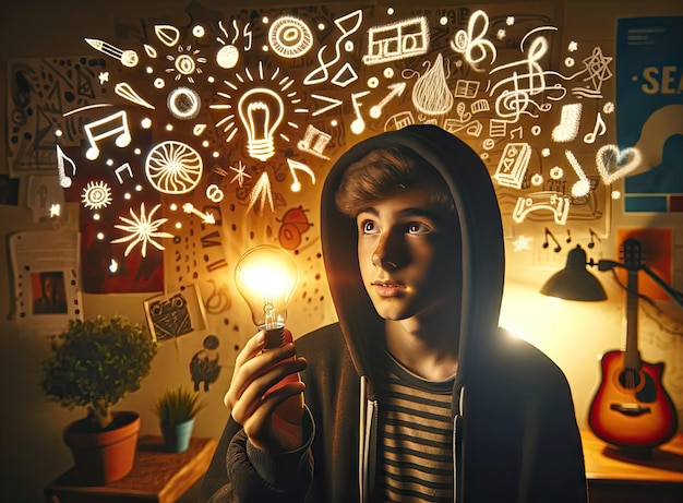 A creative young person has an enlightening moment holding a glowing light bulb surrounded by doodles of innovative and artistic ideas in a cozy room filled with inspiration