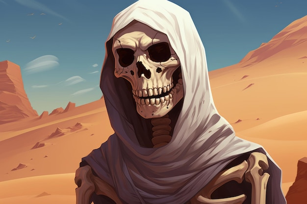 사막 배경 에 창조적 으로 장식 된 인간 두개골 아름다운 할로윈 미술품