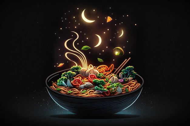 Creatively lit Japanese stir fry against a black background Copy space