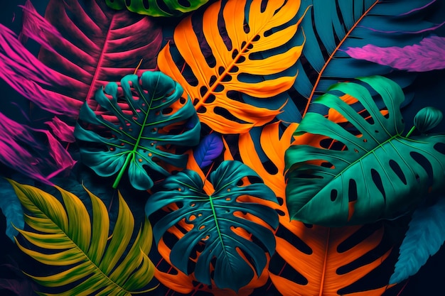사진 열대 잎으로 만든 creativet 색상 레이아웃 플랫 레이 네온 색상