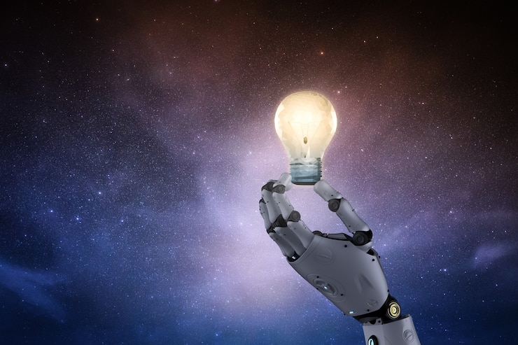 Foto creativiteitsconcept met 3d-rendering robothandgreep gloeilamp
