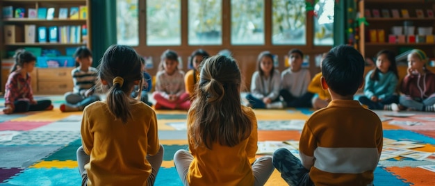 Foto creativiteitsklasse op de basisschool een gevarieerde groep kinderen zit op een tapijt terwijl de leraar hen de les uitlegt en hen vragen stelt leren in een moderne omgeving