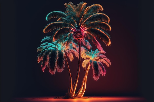 Creativity by neon palm isolated black background with reflective light