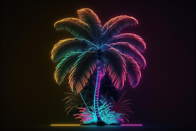 Creativity by neon palm isolated black background with reflective light