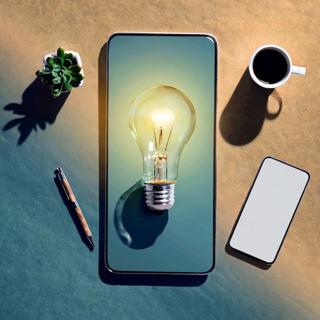 Foto creatività ispirazione idea concetto con lampadina e smartphone flat lay