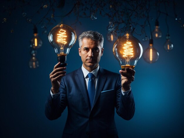Photo creativity inspiration idea of growth for business businessman holding abstract light bulb