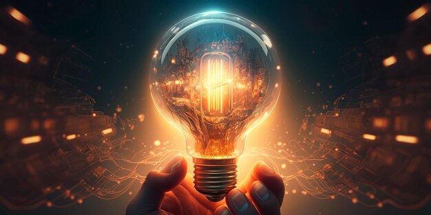 Creativity with glowing light bulbsHand hold Generative AI
