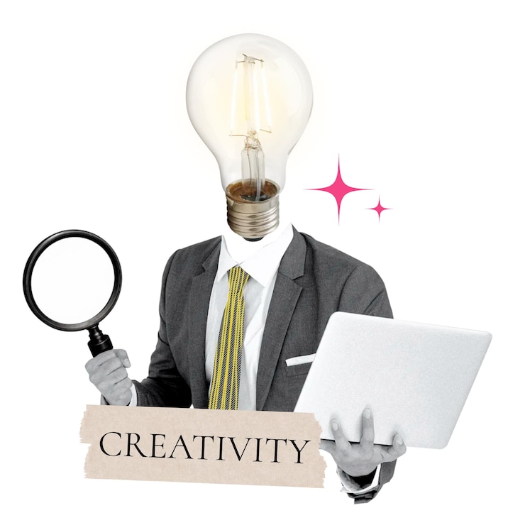 Photo creativity word png sticker bulb head businessman remix on transparent background