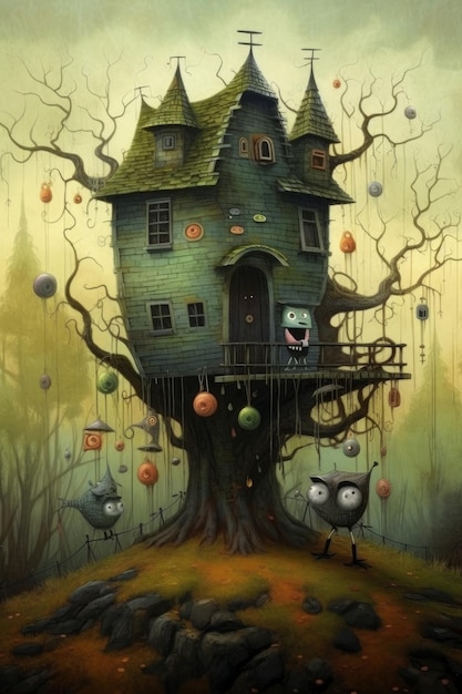 A creature a house and trees standing