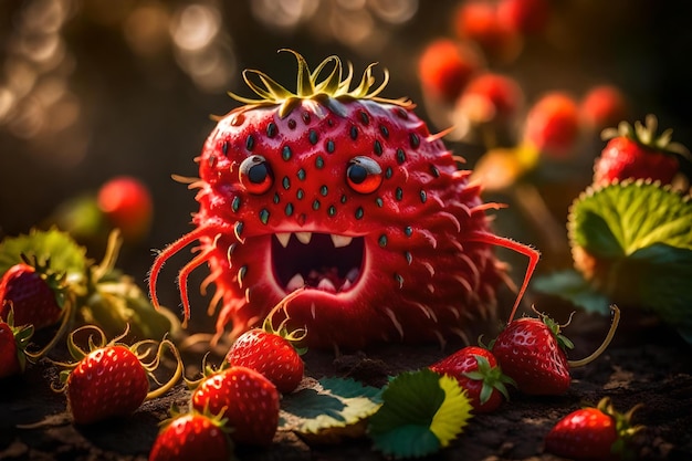 creature of Red Strawberry Fruit monster AI generative