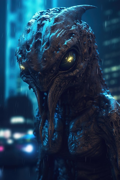 A creature with a black body and a glowing eyes stands in the rain