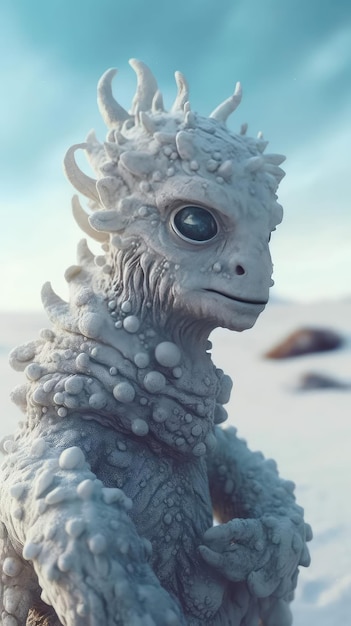 A creature with a blue eyes sits in the snow.