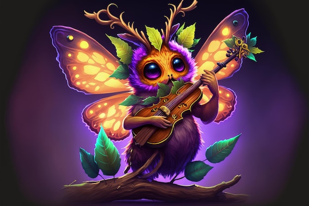 Creature with branch head playing magic banjo string instrument with glowing butterflies digital art style illustration painting fantasy concept of a creature playing magic banjo