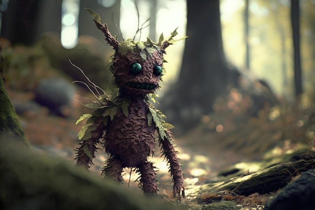 Существо с зелеными глазами стоит в лесу.
