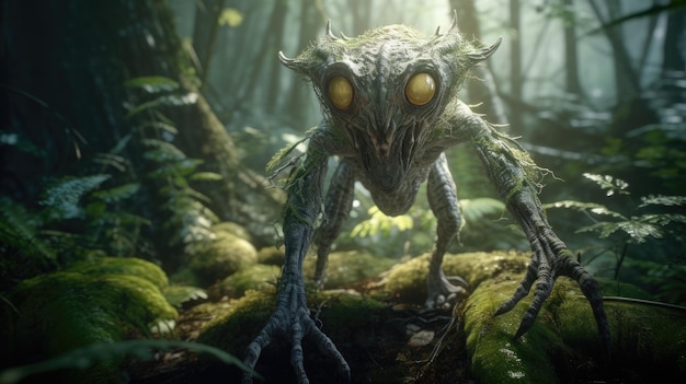 A creature with a green head and a yellow eyes is standing in a forest.