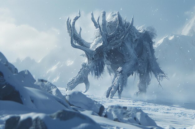 Photo a creature with horns is walking on a snowy surface