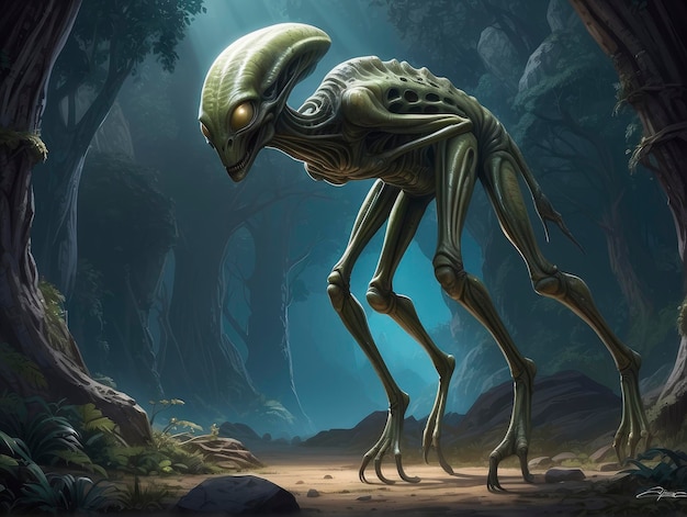 a creature with a large head and legs in a forest with rocks