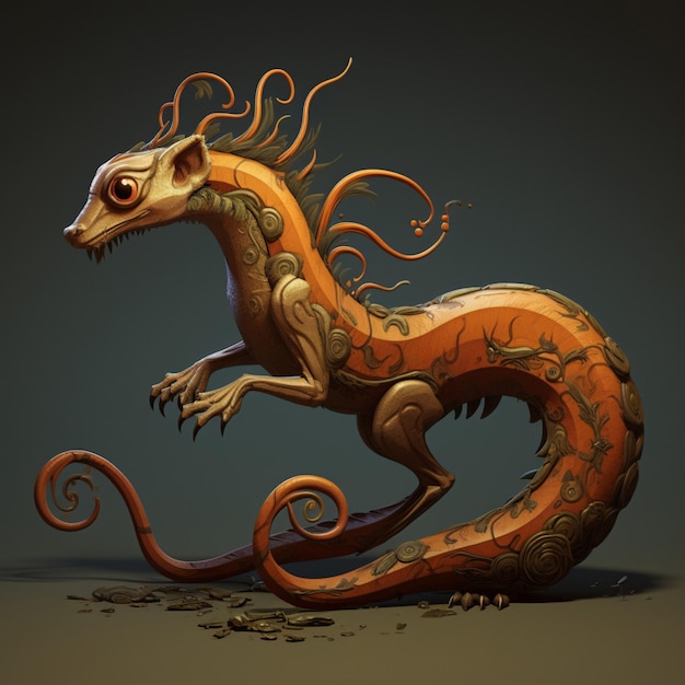 A creature with a long curly tail and a playful bounding