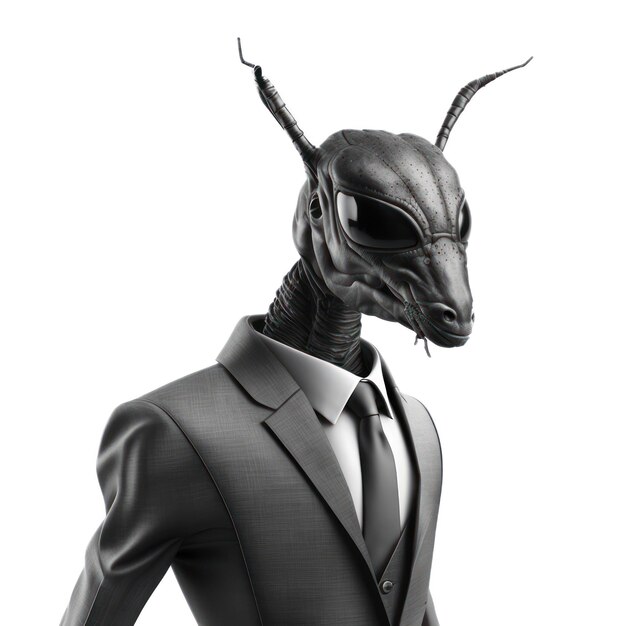 A creature with a suit and a tie that says'bug'on it