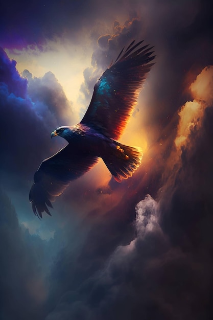 Credible bird soaring through the clouds bird full artistic