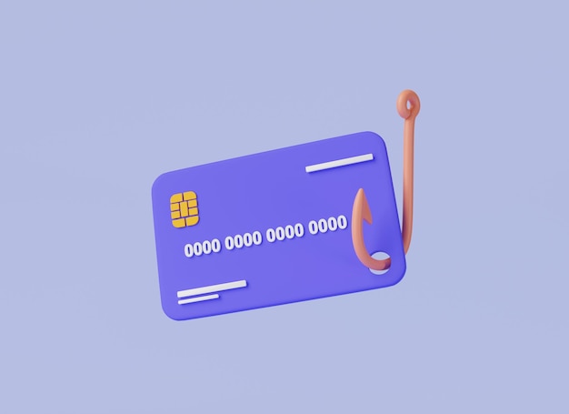 Credit card attached to large hook hacker stealing credit card information Credit card fraud Theft of funds from credit Cyber crime Phishing scam online scam and steal 3d render illustration