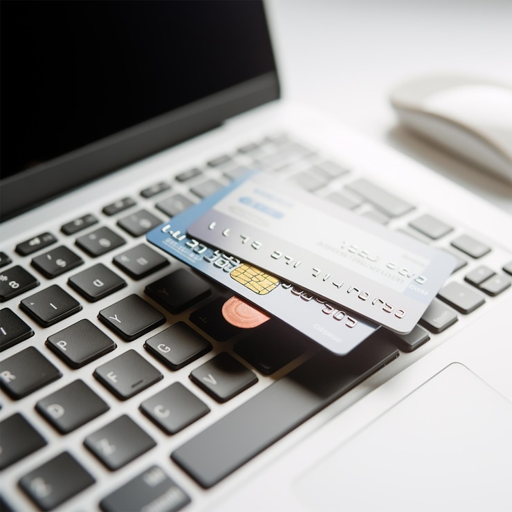 Photo credit card on a computer keyboard
