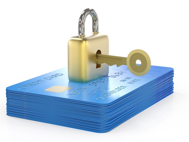Credit card data encryption concept with 3d rendering credit cards with padlock and key