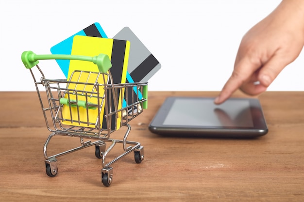 Credit card or debit card on trolley ,shopping concept.