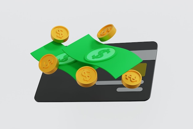 Photo credit card dollar gold coin and banknote floating in air business finance concept 3d rendering