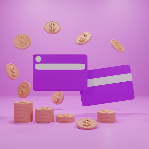 Кредитная карта с плавающими монетами на фиолетовом фоне экономит деньги 3d рендеринг иллюстрации
