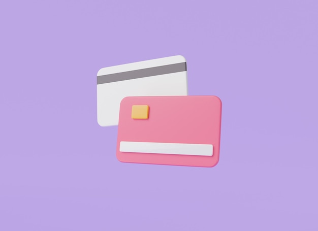 紫色の背景に分離されたクレジットカードアイコン支払いお金節約お金の転送オンラインショッピング金融投資銀行のコンセプト3dアイコンレンダリングイラスト漫画最小限のスタイル