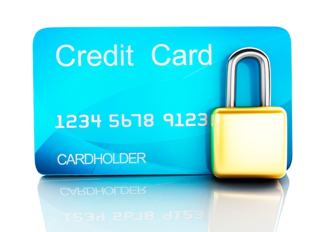 Photo credit card and lock.safe banking concept on white background