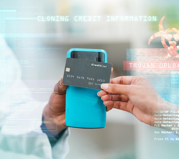 Photo credit card machine and doctor hands of health service hacking information or cybersecurity software in pharmacy pharmacist or cashier in point of sale data protection overlay and digital payment