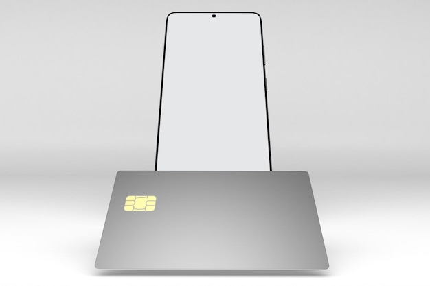 Кредитная карта и лицевая сторона телефона на белом фоне