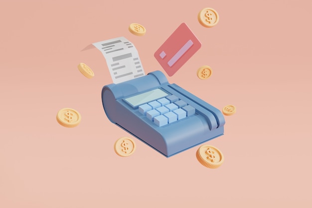 Macchina per strisciare la carta di credito (edc) concetto di pagamento carta di credito, terminale di pagamento, monete galleggianti sullo sfondo. società che fa risparmiare denaro e senza contanti. illustrazione 3d