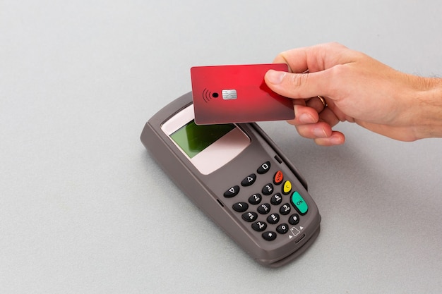 credit card terminal, credit card on table background