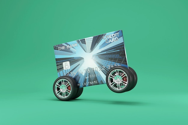 Credit Card on Wheels on green studio background