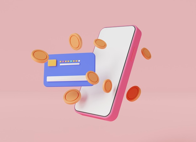 Credit card with money coin on mobile payment online Online transaction mobile banking saving money online shopping money transfer money payment mobile payment concept 3d render illustration