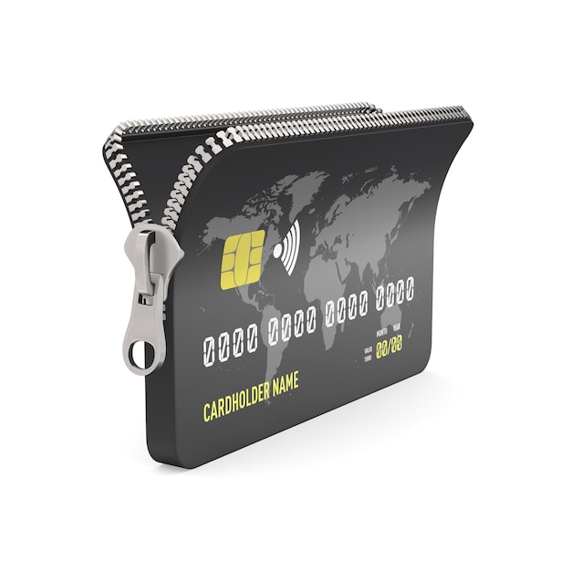 Credit card with zipper on white background Isolated 3D illustration