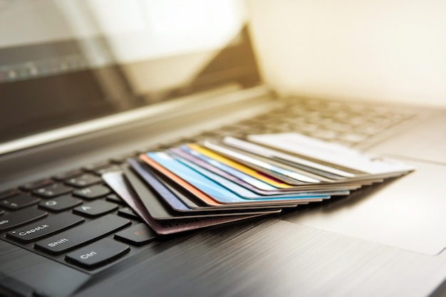 Credit cards on computer keyboard