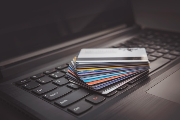 Credit cards on computer keyboard