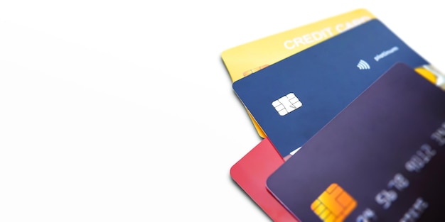 コピー スペースと白い背景で隔離のクレジット カード クレジット カード支払いオンライン コンセプト