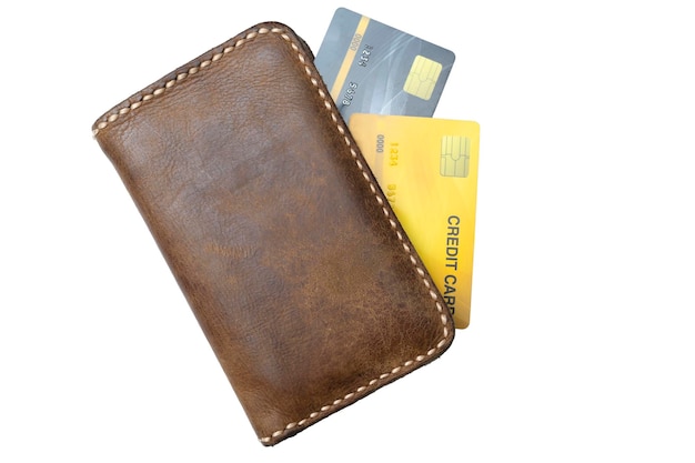 credit cards in leather wallet on white isolated background brown leather wallet