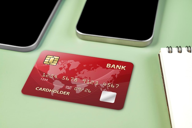 credit cards and tablets with mobile phones with empty screens for mobile payment banking or online shopping