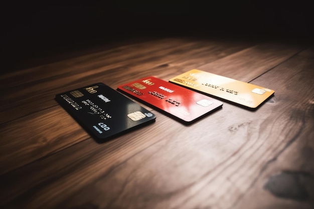 AI が生成した木のテーブル上のクレジット カード