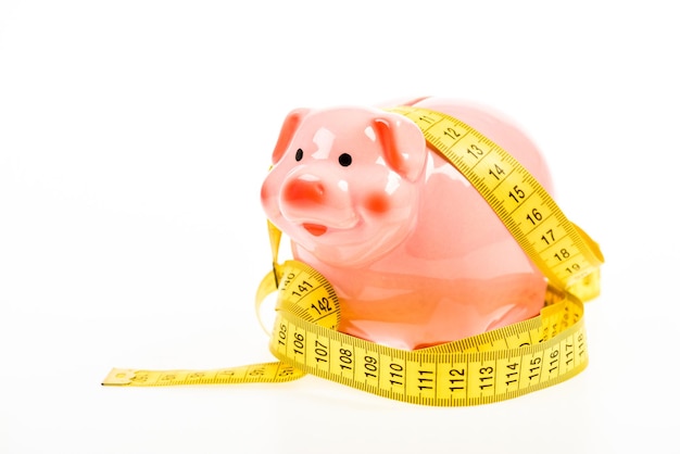 Credit loan debt. Measure costs. Piggy bank and measuring tape. Budget limit concept. Economics and finances. Pig trap. Budget crisis. Planning budget. Business problem. Limited or restricted.