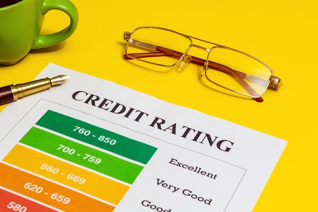 Credit rating on yellow office desk with pen and glasses
