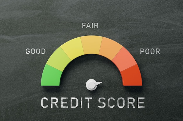 Photo credit score meter on a blackboard indicating fair to poor range financial assessment concept 3d rendering