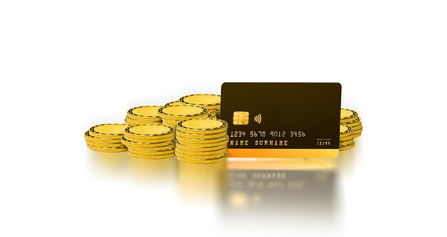 Creditcard en gouden munten stapel geïsoleerd op een witte achtergrond met reflectie Zakelijke en financiële concept 3D illustratie