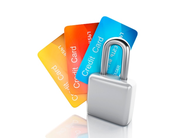 Creditcard en slot. veilig bankwezenconcept op witte achtergrond